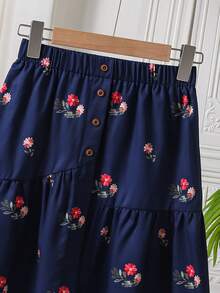 两件套：少女碎花花瓣袖衬衫和不对称纽扣裙，舒适透气，适合度假或日常穿着，春夏款 - 藏蓝色 - 查看 5