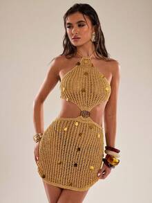 SHEIN BAE Vestido Casual com Paetês Sem Costas para Férias na Praia para Mulheres - Dourado - Visão 8