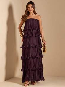 SHEIN BAE Đầm màu nâu trơn thanh lịch, đầm cúp ngực xếp tầng, thích hợp cho tiệc tùng, hẹn hò lãng mạn, phù dâu, dạ hội, sinh nhật, mùa xuân/hè. - Cà phê nâu - Xem 6