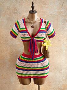 Mistrie 女士短款开衫，深V领，短袖，系带前襟，彩色条纹，休闲度假夏季毛衣 - 彩色 - 查看 5