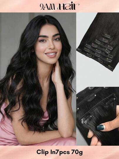 Straight Human Hair Clip In Hair Extensions For Full Head Brazilian Virgin Hair Natural Black Color, 7Pcs With 16Clips, 70-80 Gram