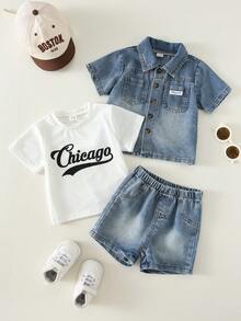 SHEIN 3pcs Baby Boy Summer Casual Denim Shirt Jacket, White Letter Print T-Shirt, And Blue Denim Shorts - Multicolor - View 3
