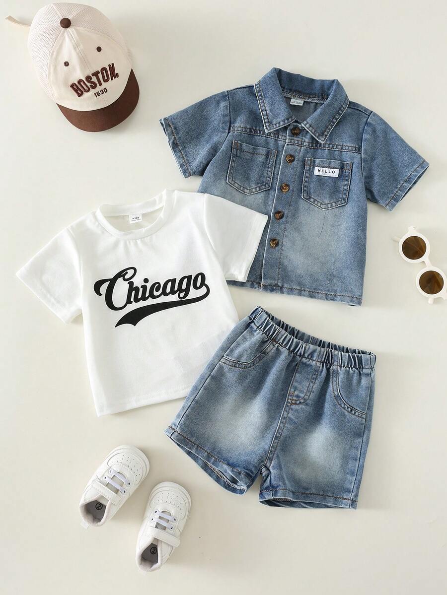 SHEIN 3pcs Baby Boy Summer Casual Denim Shirt Jacket, White Letter Print T-Shirt, And Blue Denim Shorts - Multicolor - View 1
