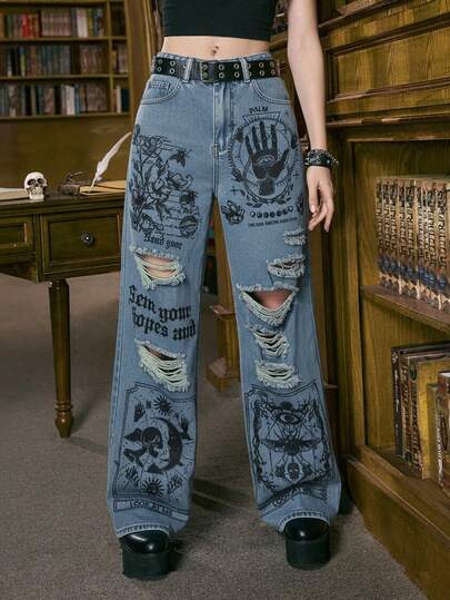 Academia Lässige Washed dunkel bedruckte Destroyed Jeans