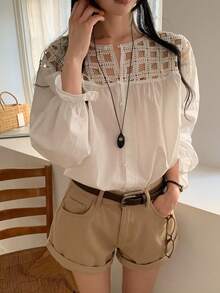 DAZY 女士圆领单排扣休闲百搭日常衬衫 - 白色 - 查看 7