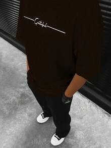 Manfinity Homme Plus Size Men's Letter Print Round Neck Short Sleeve Casual T-Shirt - Coffee Brown - View 4