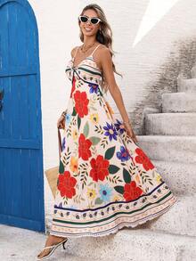 Breezaya 复古印花扭结前襟吊带连衣裙/热带印花飘逸连衣裙，适合海滩度假 - 彩色 - 查看 6