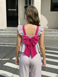 2pcs/Set Tween Girls Cute Vibrant Colorblock Spaghetti Strap Bow Ruffle Decor Short Sleeve Top And Straight Leg Pants Set, Casual Everyday & Outdoor Wear, Suitable For Spring/Summer - Pink - View 12