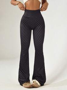 Core Rhythm Women's Regular Waist Black Polka Dot Print Flared Pants, Suitable For Daily Casual Wear, Running, Yoga, Gym, Tennis, Golf And Other Sports Activities, Autumn/Winter - Multicolor - View 2