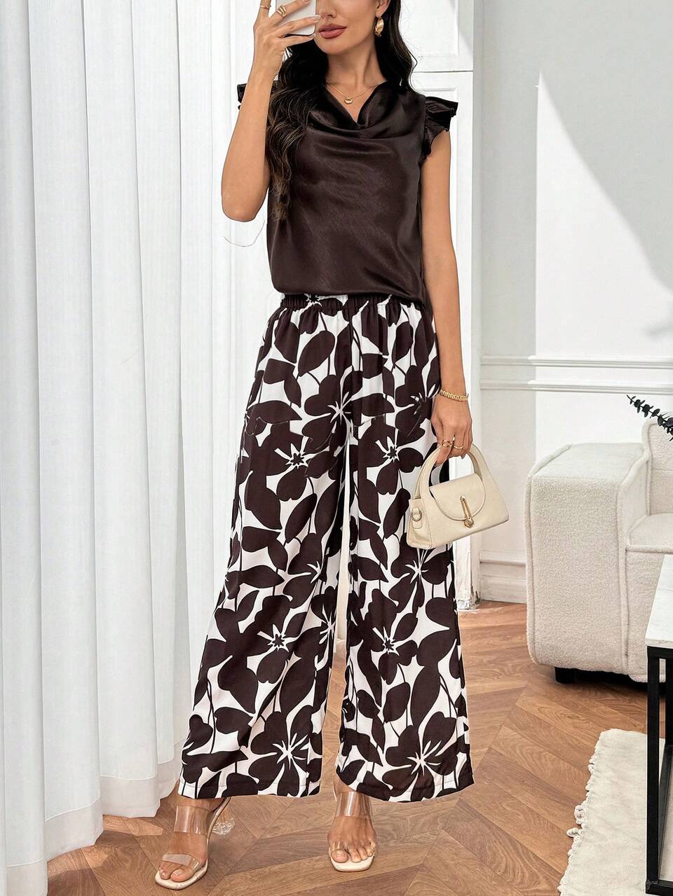 Women's Elegant Chocolate Brown Off-White Floral 2-Piece Set,Summer Flutter Sleeve Top Wide Leg Pants,Commuter Work Office Outfits,Resort Vacation