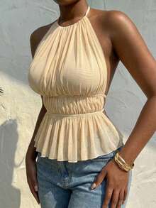 SHEIN SXY Áo croptop hở lưng gợi cảm màu trắng ngà dành cho nữ, chất liệu vải lưới, xếp ly, thời trang, thanh lịch, quyến rũ, thích hợp cho ngày Valentine, dự đám cưới, phong cách vintage, dự tiệc, đi chơi. - Màu be - Xem 11