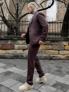 Artur Kramer 男士纯色立领长袖夹克和裤子休闲西装套装，秋季 - 咖啡棕 - 查看 6