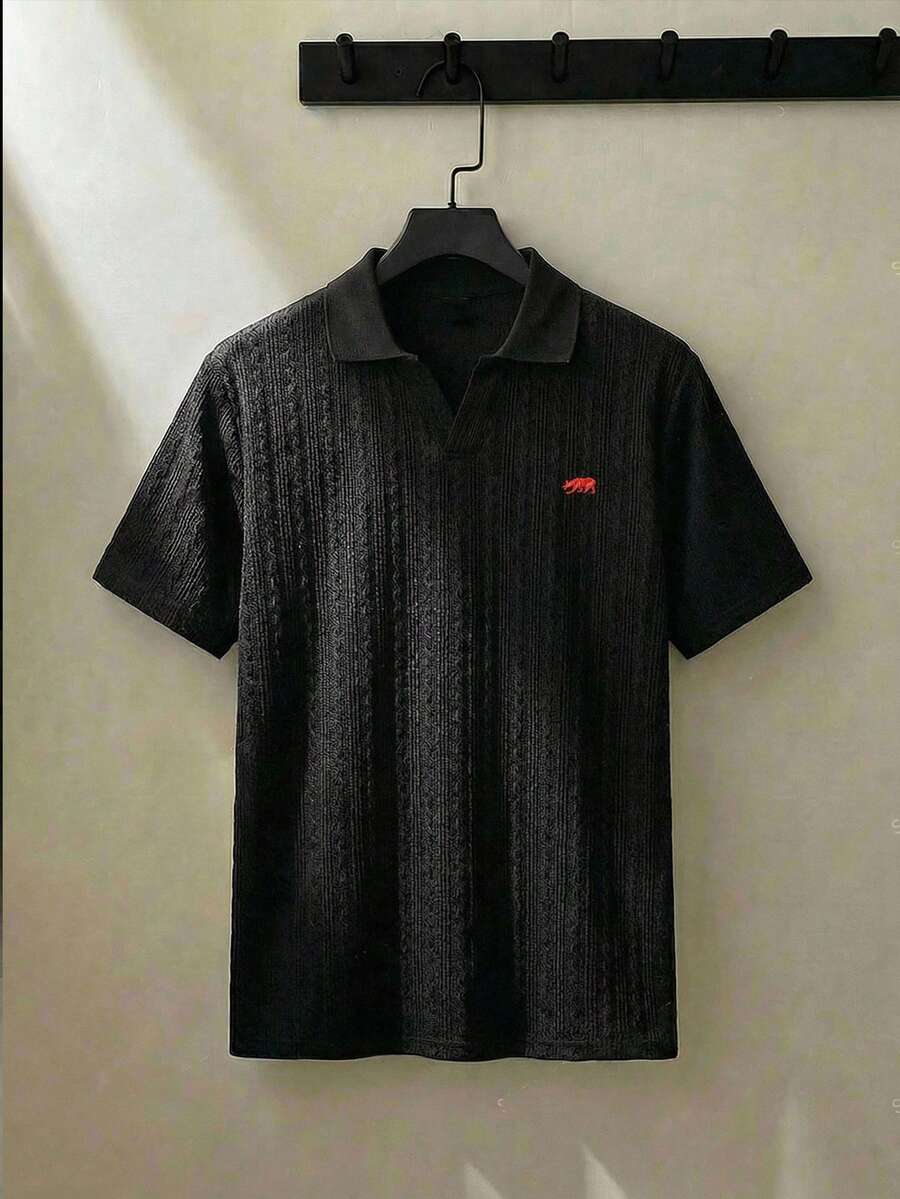 ESTAVOR Áo polo nam tay ngắn, thiết kế thêu họa tiết, kiểu dáng thường ngày. - màu đen - Xem 1