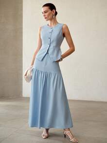 MOTF PREMIUM SILVER ROSE BUTTON ELEGANT SLEEVELESS BLAZER VEST - Baby Blue - View 5