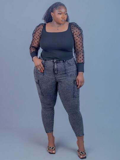 CurvyTilda 大码休闲紧身弹力轻度水洗翻盖口袋工装牛仔裤