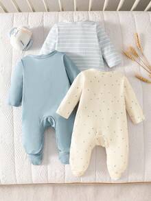 SHEIN 三件套夏季新生女婴套装，杏色蓝色多色字母印花连体衣，休闲可爱 - 藍色 - 查看 3