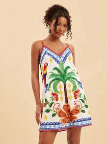 Travachic Tropical Print Spaghetti Strap Mini Vacation Dress - Multicolor - View 3