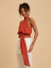 Travachic Women's Halter Neck Tie Strap Sleeveless Tank Top - Orange - View 6