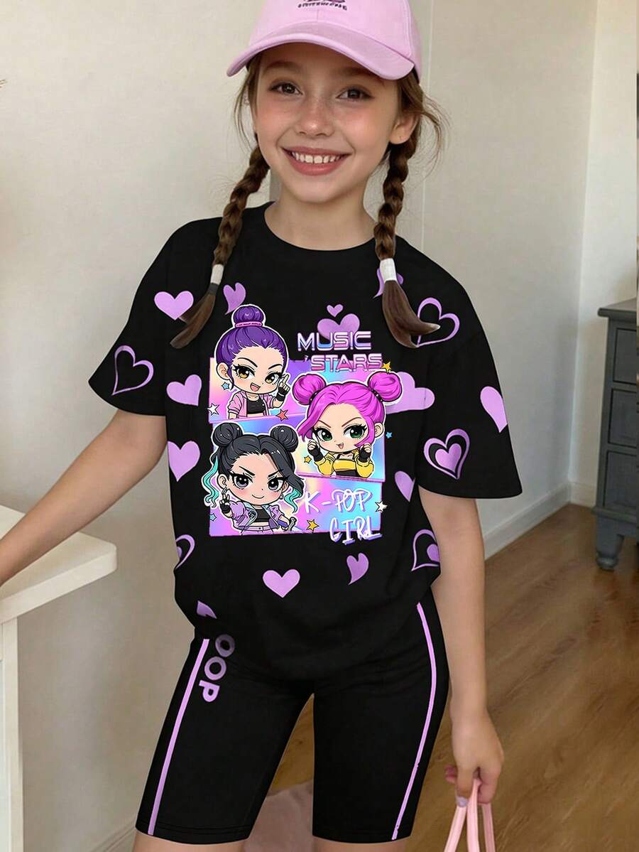 2件套少女休闲韩流卡通女孩爱心印花短袖卫衣和配套短裤套装,适合日常和假日休闲穿着,舒适保暖。 - 粉色 - 查看 1