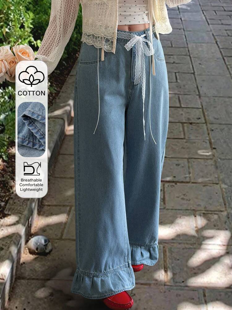Women's Regular Waist Lace Patchwork Loose Straight Leg Jeans, Casual Denim Pants