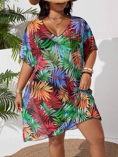 Swim Lushoire Plus Size Women Random Print Short Sleeve Loose Long Beach Cover Up