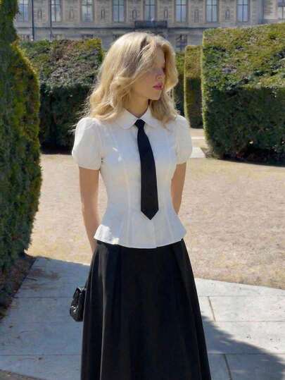 SHEIN MOD 女士白色领结泡泡袖修身衬衫。白色泡泡袖衬衫，黑色领结，柔软舒适，浪漫，春夏女装，浪漫优雅的度假派对中长连衣裙，夏季假日装，典礼，海滩度假装，女士度假装，外出上衣，毕业典礼，可爱工作上衣，领结衬衫，女士职业装，工作衬衫，暗黑学院风服装