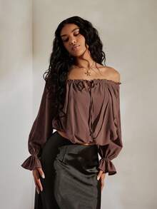 Opulessa 休闲百搭女式纯色露肩扭结上衣，棕色露肩上衣，适合春夏、节日、优雅派对、海滩度假、婚礼宾客、正式毕业典礼、工作场合。 - 棕色 - 查看 3