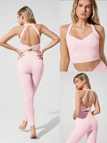 GLOWMODE FeatherFit™ See You Around Halter Backless Sports Bra Light Support Low Impact Yoga Pilates - Pink - View 7