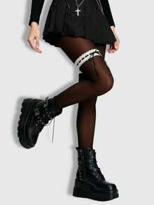 ROMWE Grunge Punk 1件装不对称性感丝袜/连裤袜/打底裤（女士款） - 黑與白 - 查看 3