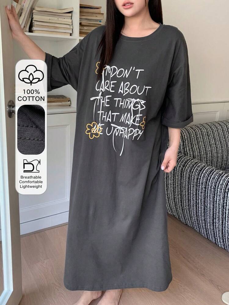 Dazy Plus Casual Letter Print Round Neck Straight Loose Short Sleeve Nightgown, Spring/Summer Sleepwear For Girls