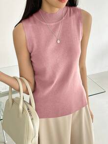 DAZY 女士高领修身无袖针织上衣 夏季 - 粉色 - 查看 4