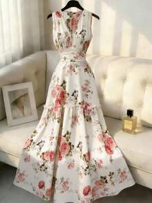 Franclia 女士新款深V领无袖褶裥前幅收腰飘逸印花长裙 - 杏色 - 查看 3