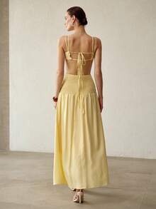 MOTF PREMIUM SUMMER BACKLESS RUCHED CAMISOLE DRESS, FRENCH ELEGANT WAIST-CINCHING SEXY SLIMMING LONG DRESS FOR WOMEN - Yellow - View 2