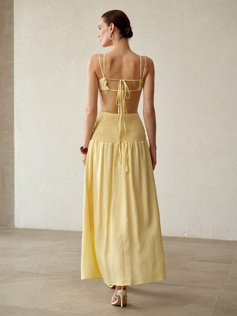 MOTF PREMIUM SUMMER BACKLESS RUCHED CAMISOLE DRESS, FRENCH ELEGANT WAIST-CINCHING SEXY SLIMMING LONG DRESS FOR WOMEN - Yellow - View 2