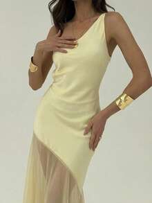 Aloruh 女士优雅性感纯色黄色吊带露背系腰缎鱼尾连衣裙，适合春夏、度假、毕业典礼、婚礼、约会、派对等场合。 - 黃色 - 查看 4
