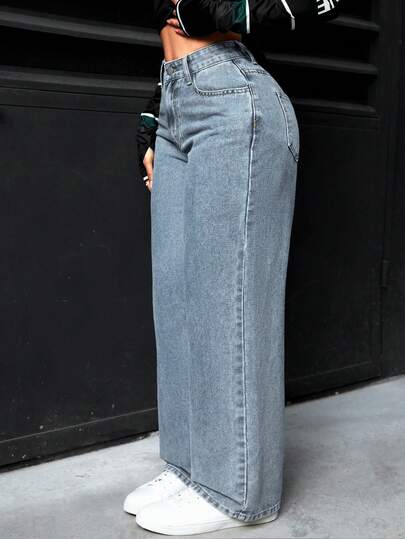 SHEIN PETITE Pantalones Casuales De Mezclilla Con Bolsillos Para Mujer