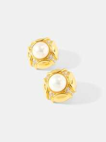 MOTF PREMIUM 铜合金仿珍珠耳环，镀18K金耳钉，高贵气质，时尚复古欧美风格 - 金色 - 查看 8