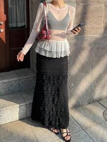 FRIFUL 女士夏季薄纱荷叶边下摆衬衫 - 白色 - 查看 5