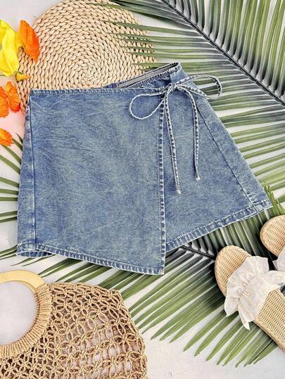 Soleia Plus Size Women Summer Casual Vacation Daily Commute Wrap Tie Denim Skort Summer For Women Spring Women St Patrick's Day Beach Shorts Beach For Women Going Out Vacations Women Holidays Casual Shorts For Women