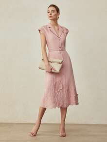 MOTF PREMIUM ELEGANT LINEN FLORAL EMBROIDERED FITTED WAIST MIDI DRESS, SPRING/SUMMER - Pink - View 5