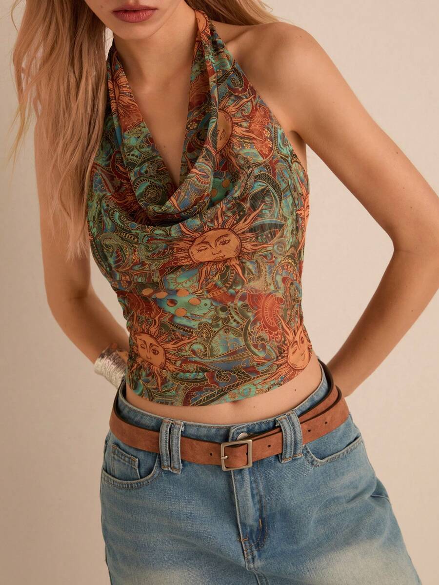 Easelle Blusa sexy y versátil con cuello halter, espalda descubierta y fruncido para citas y salidas - Multicolor - Ver 1