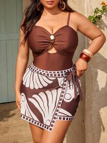 Swim Oasis Conjunto de traje de baño de 3 piezas talla grande, atuendo de uso diario minimalista para playa de verano para mujeres - Marrón - Ver 3