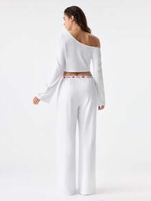 Loungeista Lowkey Lull White Comfortable Casual Soft Chic Autumn Casual Easy Comfort Autumn Slumber Long Sleeve Long Pants Set, Women Sleepwear Setfor Summer - White - View 2