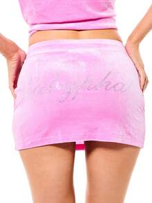 BABYPHAT Women's Velour Mini Skirt With Rhinestone Crystal Embellishment Drawstring Waist Casual Club Party Outfit Spring Summer Fashion - Pink - View 6