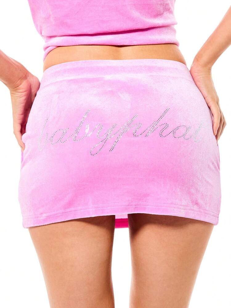 BABYPHAT Damska welurowa mini spódniczka z kryształkami i ściągaczem w pasie, swobodny strój na imprezę klubową, wiosenno-letnią modę