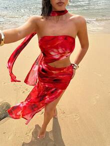 Opulessa 春夏度假针织网眼印花镂空开衩修身连衣裙（女款） - 紅色 - 查看 7