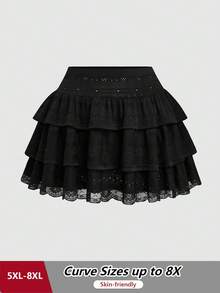 SHEIN CURVE+ 大码甜美撞色蕾丝镂空针织纹理弹力腰双层半身裙，优雅度假夏季女装 - 黑色 - 查看 1