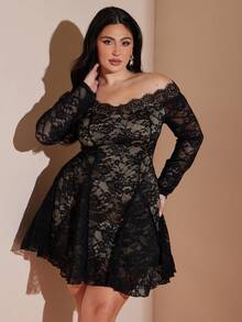 SHEIN BAE 大码女士优雅黑色V领蕾丝拼接迷你连衣裙 - 黑色 - 查看 5