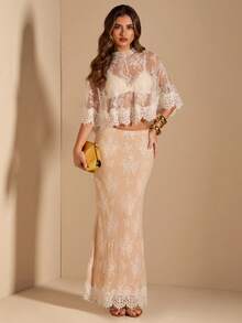 SHEIN BAE Women's White Lace Cape & Lace Mermaid Skirt Set, Women's Lace 2 Pieces Set, Women's White 2 Pieces Set - White - View 7