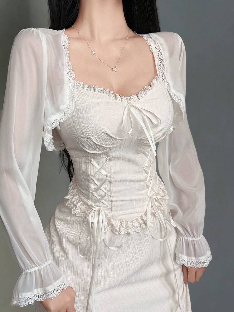 Women's Solid Color Contrast Lace Long Sleeve Camisole And Slip Dress Elegant 2-Piece Set